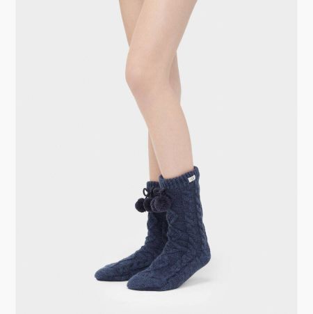 UGG Pom Pom Fleece Lined Crew Navy Socks for Women (NQWM51409)